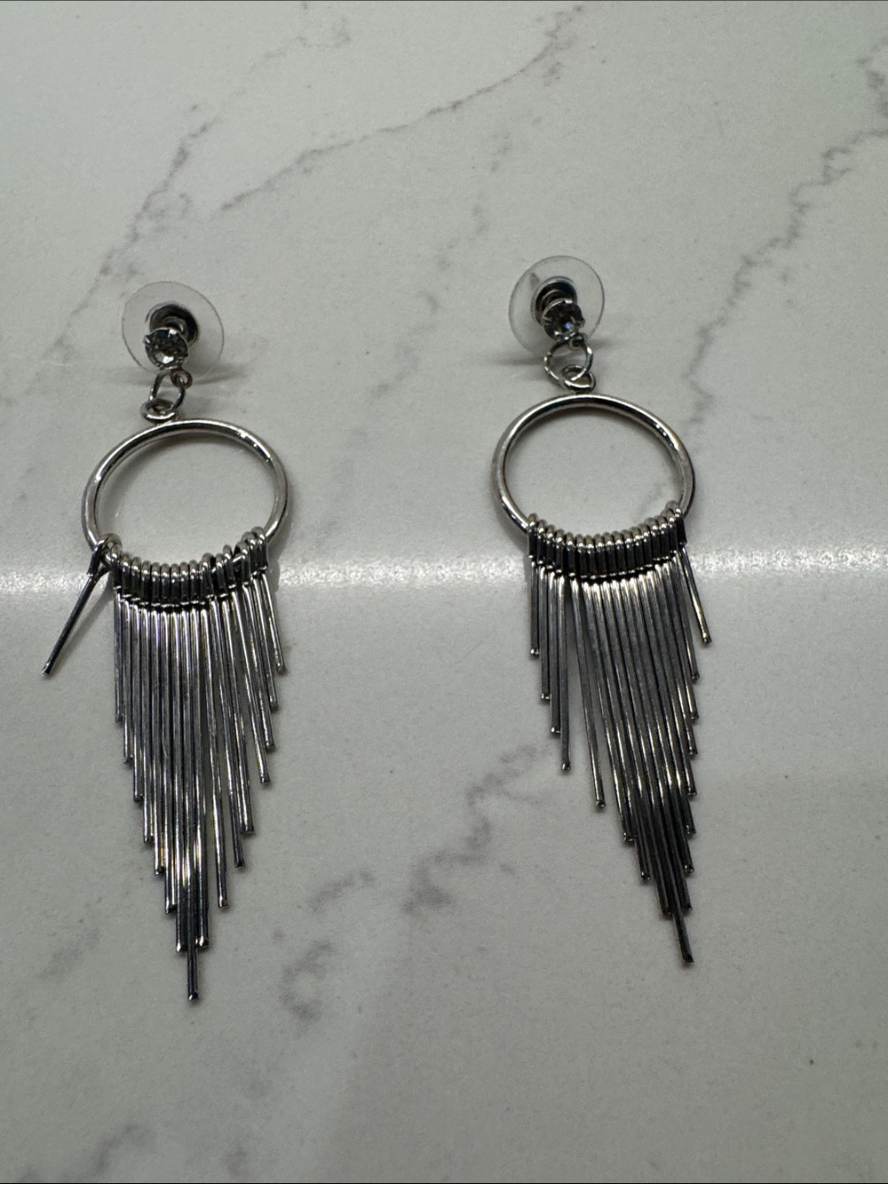 Silver Fringe Hoop Drop Earrings - Women Jewelry